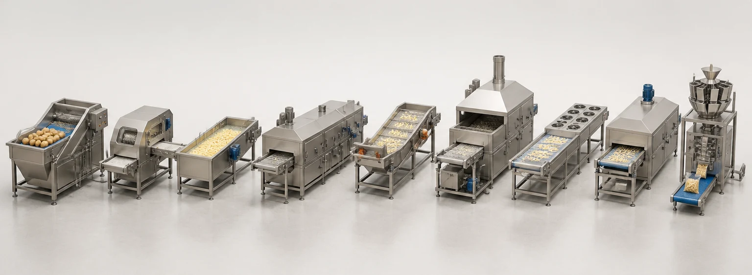 Illustrative 3D frozen French fries equipment line arranged from washing and peeling through packaging