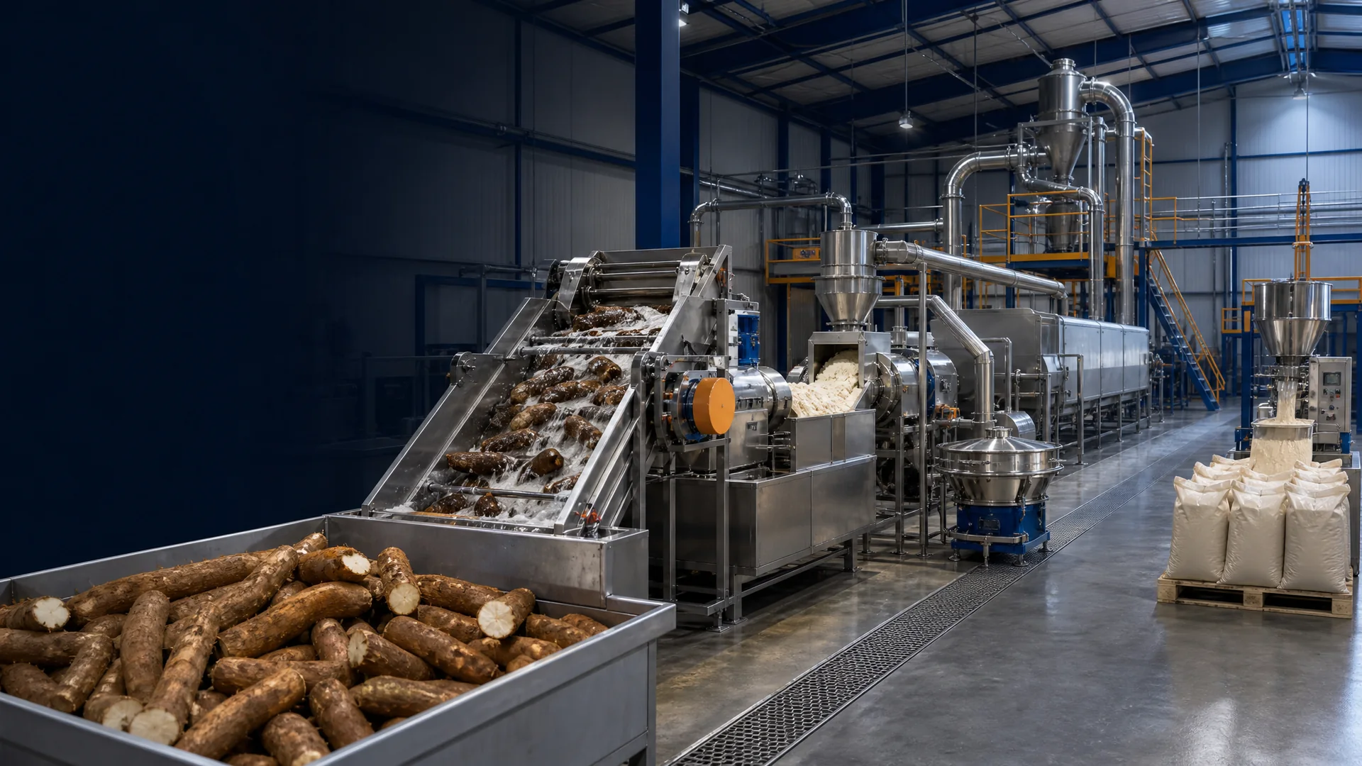 Cassava washing drying milling and flour packaging line