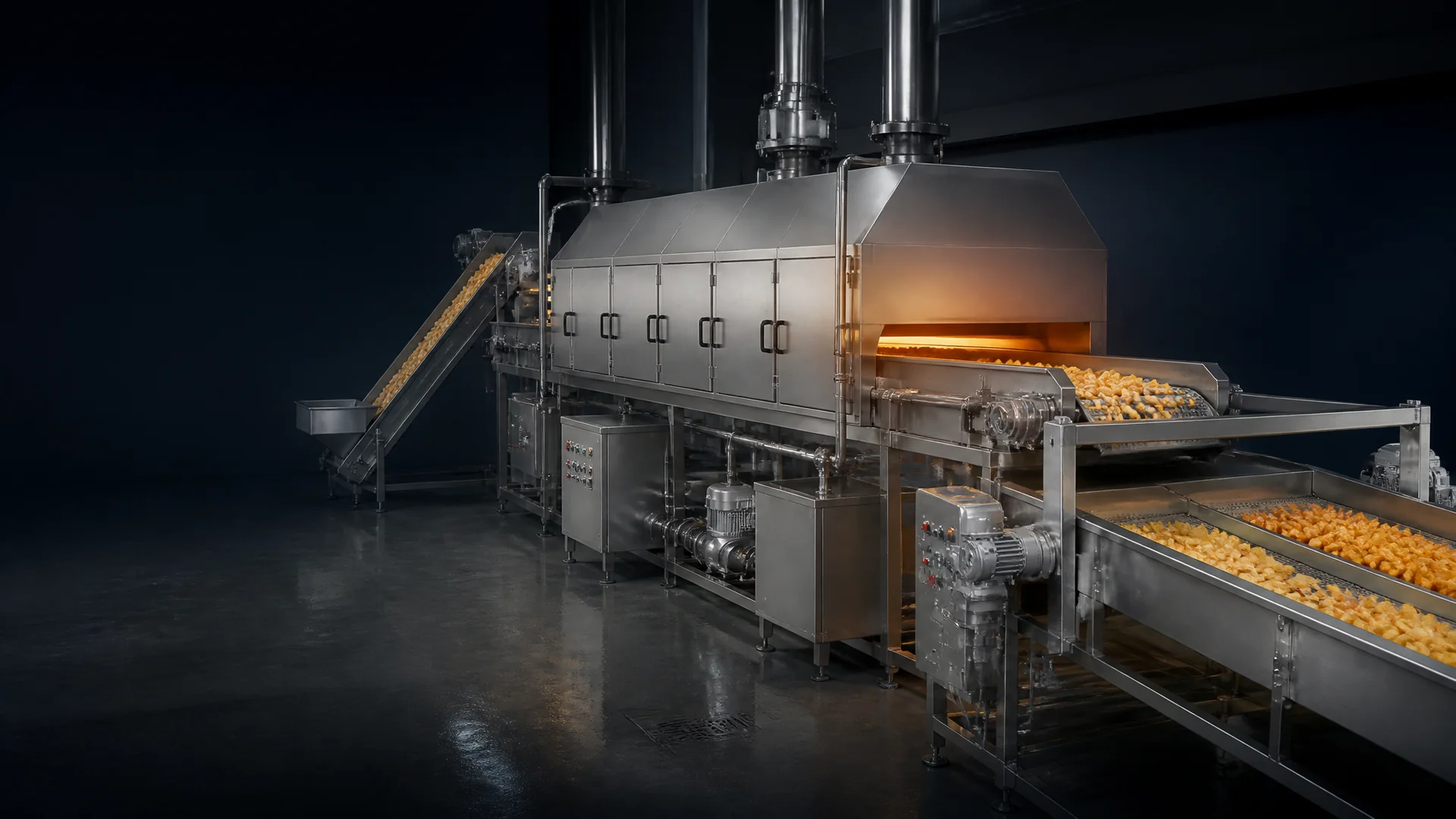 Continuous industrial frying and oil management line