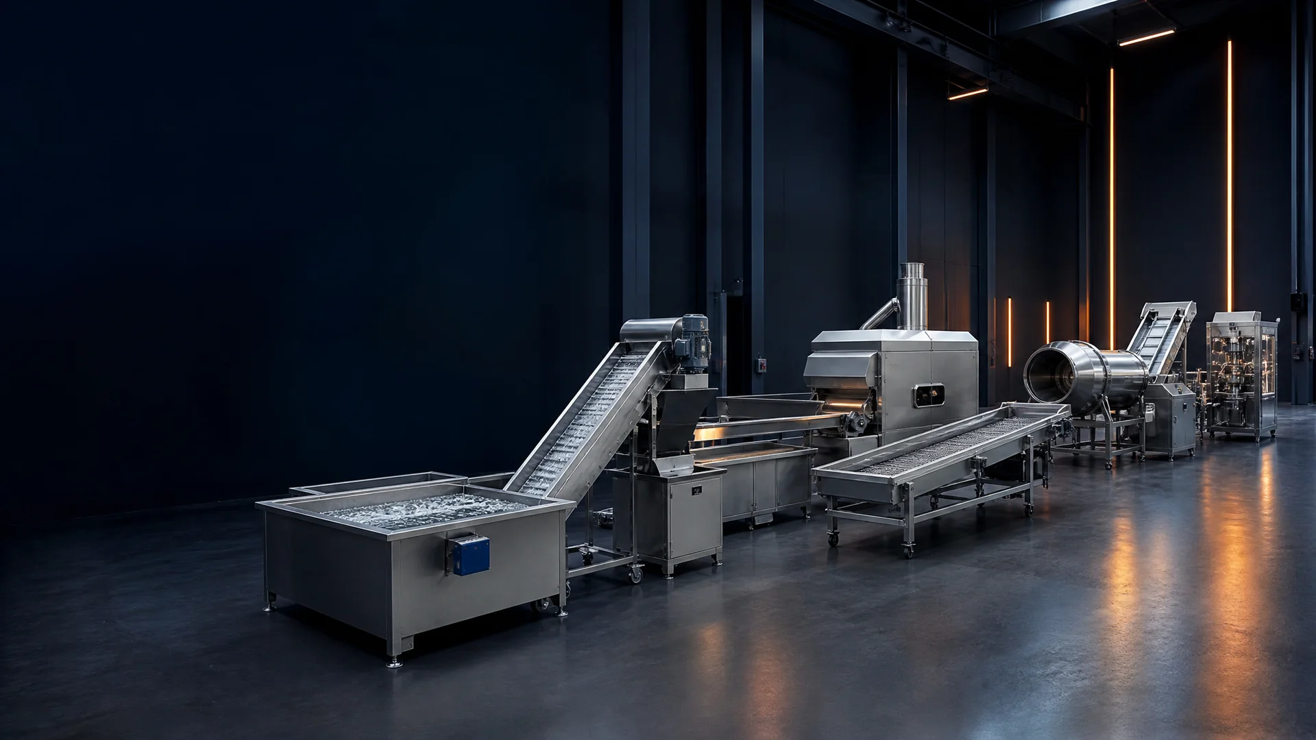 Illustrative food processing equipment arranged by process stage