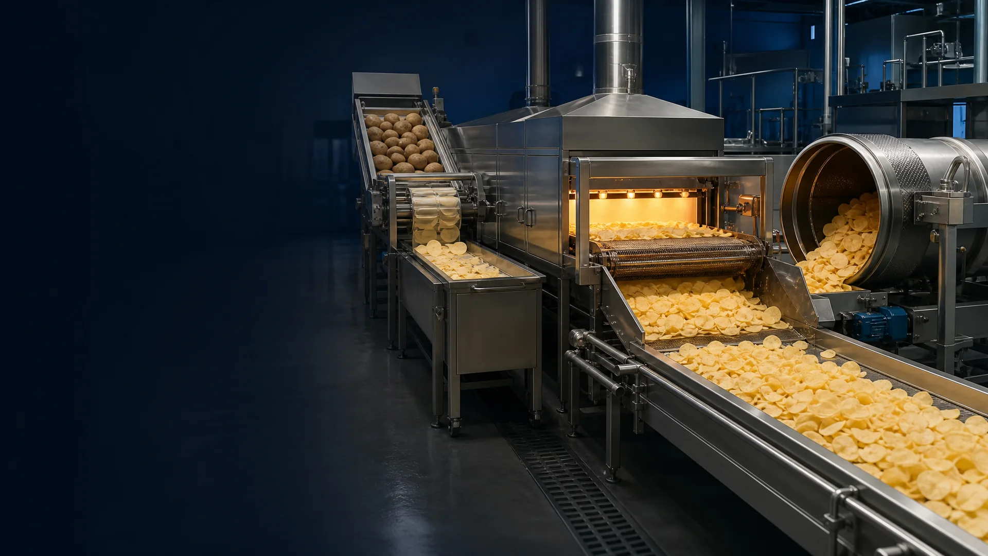 Industrial potato chips frying and seasoning line